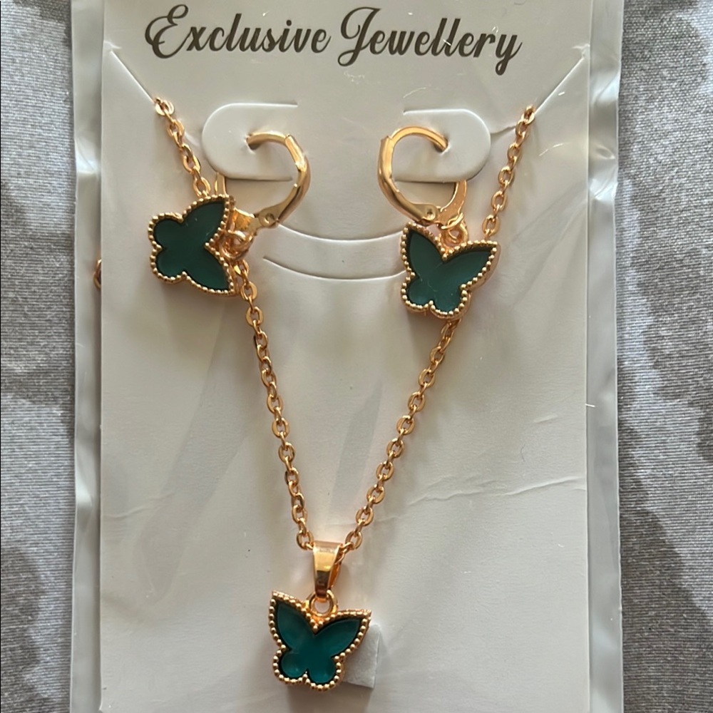 Gold and Green Butterfly Necklace and Earrings Set